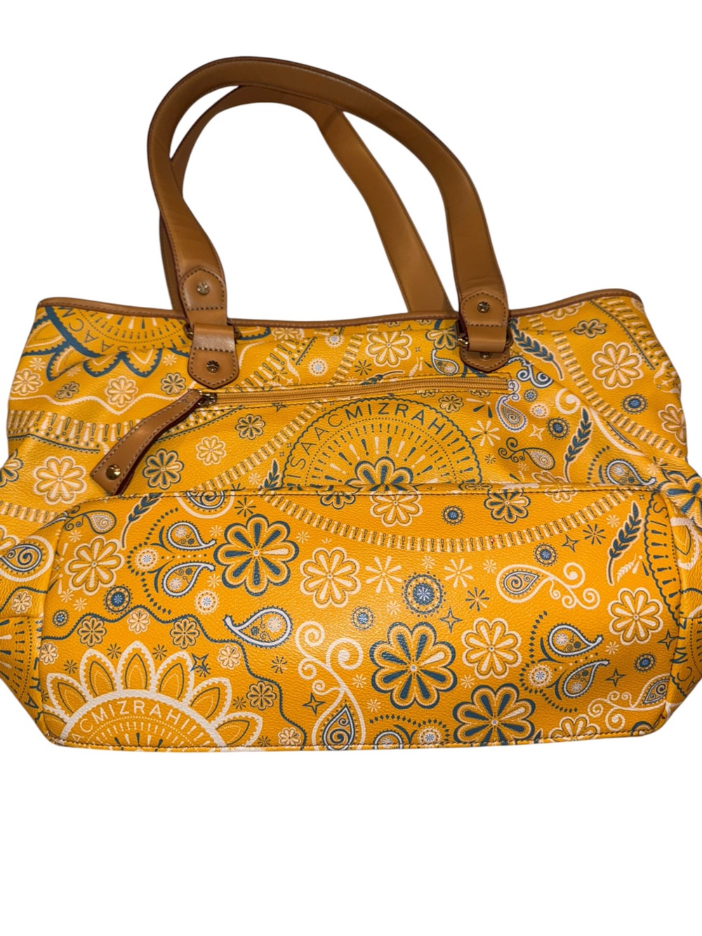 Isaac Mizrahi Yellow Paisley Floral Tote with Tan Handles - Picture 3 of 9